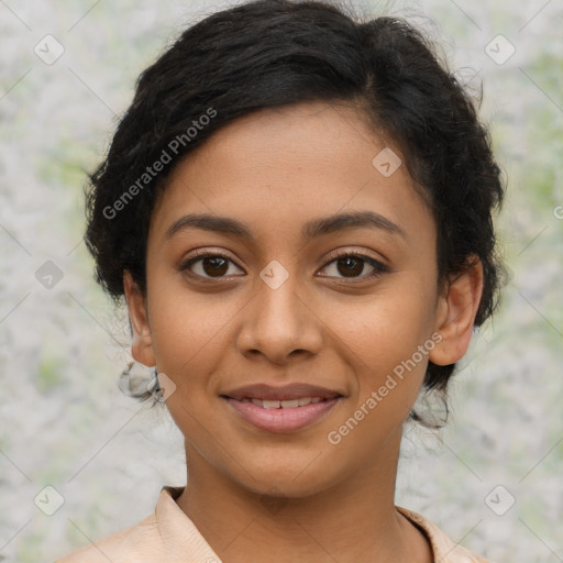 Joyful latino young-adult female with short  brown hair and brown eyes