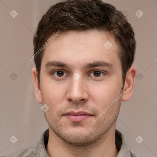 Neutral white young-adult male with short  brown hair and grey eyes