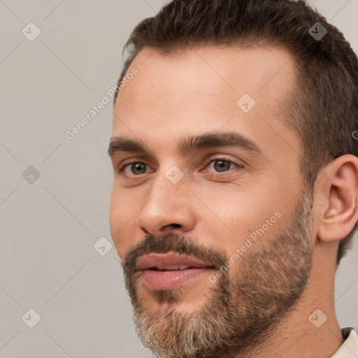 Neutral white young-adult male with short  brown hair and brown eyes