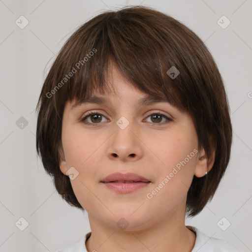 Neutral white young-adult female with medium  brown hair and brown eyes