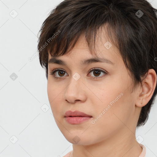 Neutral white young-adult female with short  brown hair and brown eyes