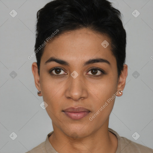 Joyful latino young-adult female with short  brown hair and brown eyes