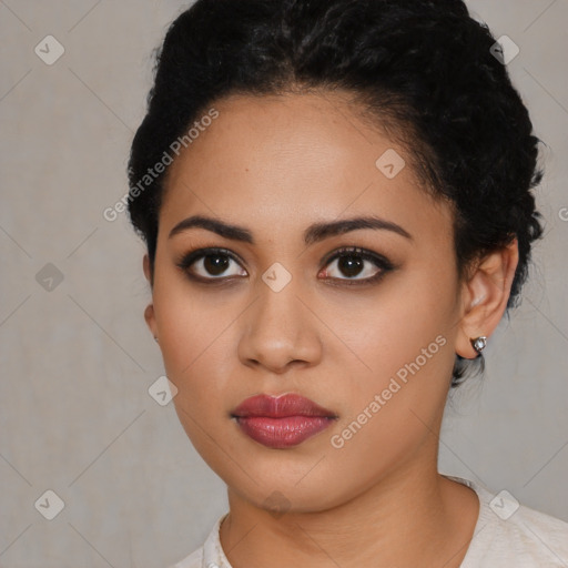 Neutral latino young-adult female with short  black hair and brown eyes