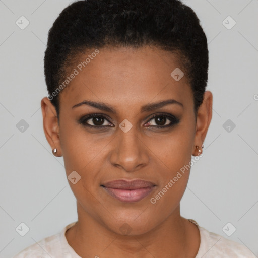 Joyful black young-adult female with short  brown hair and brown eyes