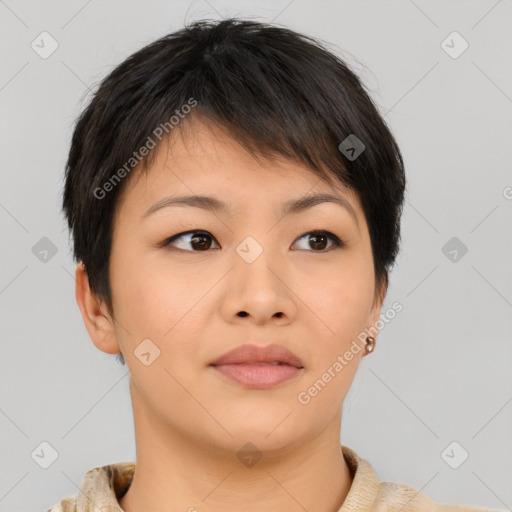 Neutral asian young-adult female with short  brown hair and brown eyes