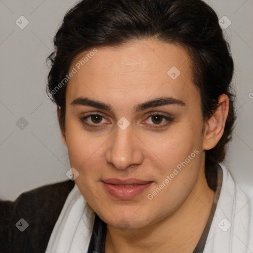 Joyful white young-adult female with medium  brown hair and brown eyes