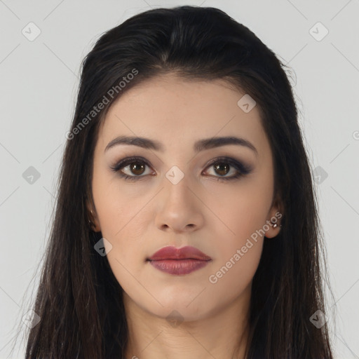 Neutral asian young-adult female with long  brown hair and brown eyes