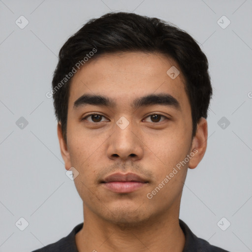 Neutral asian young-adult male with short  black hair and brown eyes