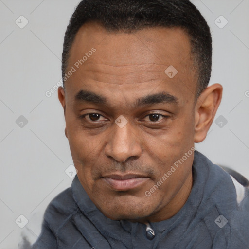 Neutral latino adult male with short  black hair and brown eyes
