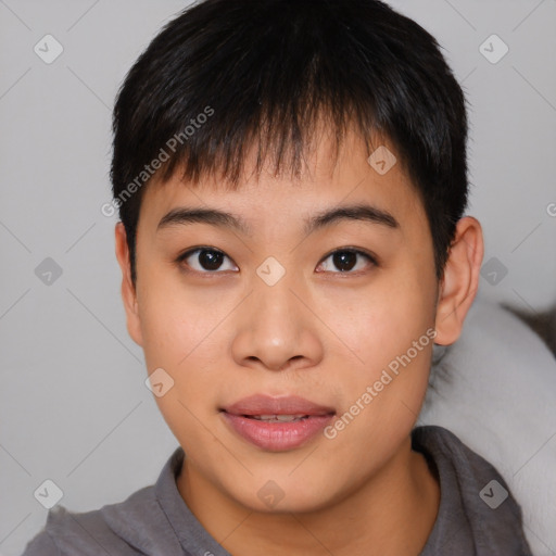 Joyful asian young-adult female with short  brown hair and brown eyes