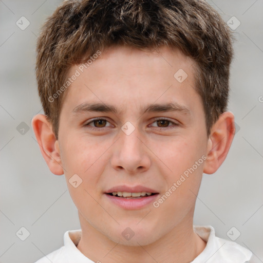 Joyful white child male with short  brown hair and brown eyes