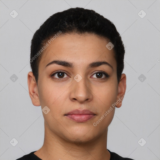 Joyful latino young-adult female with short  brown hair and brown eyes