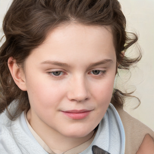 Joyful white child female with medium  brown hair and blue eyes