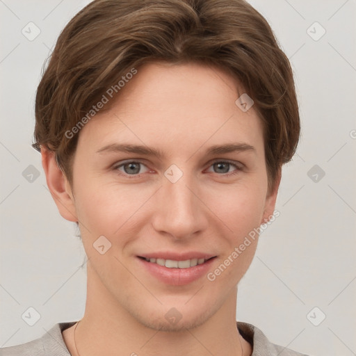 Joyful white young-adult female with short  brown hair and grey eyes