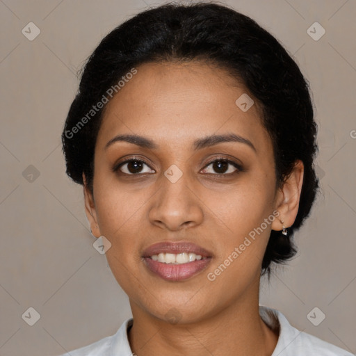 Joyful latino young-adult female with short  black hair and brown eyes