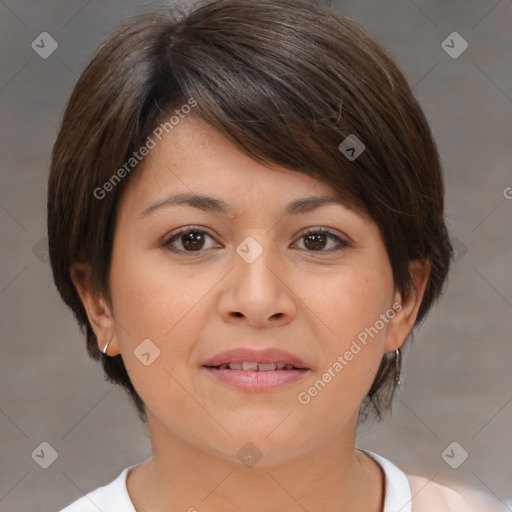 Joyful white young-adult female with medium  brown hair and brown eyes