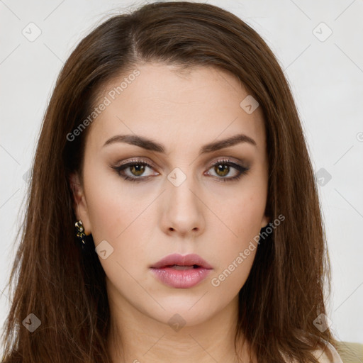 Neutral white young-adult female with long  brown hair and brown eyes