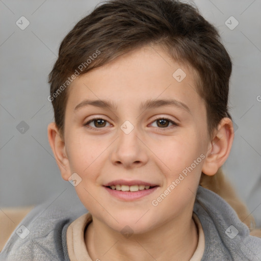 Joyful white child female with short  brown hair and brown eyes