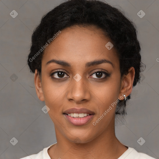 Joyful latino young-adult female with short  black hair and brown eyes