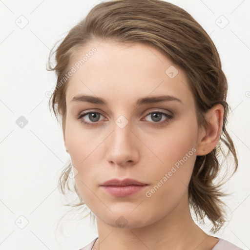 Neutral white young-adult female with medium  brown hair and grey eyes