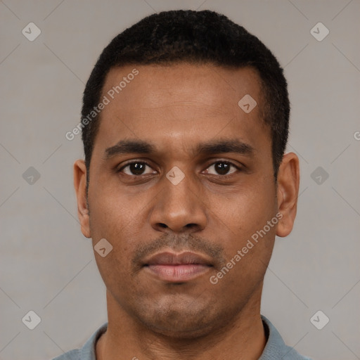 Neutral latino young-adult male with short  black hair and brown eyes