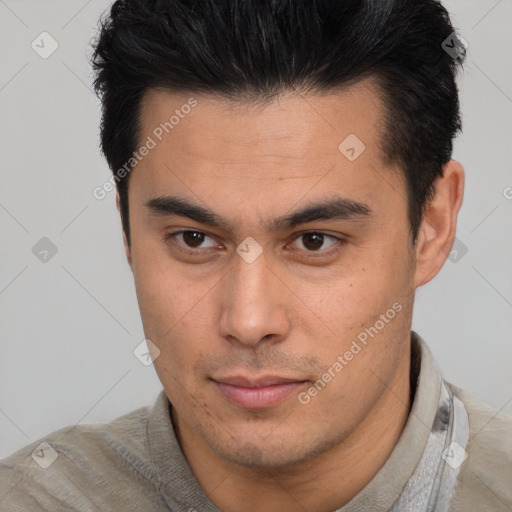 Neutral asian young-adult male with short  black hair and brown eyes