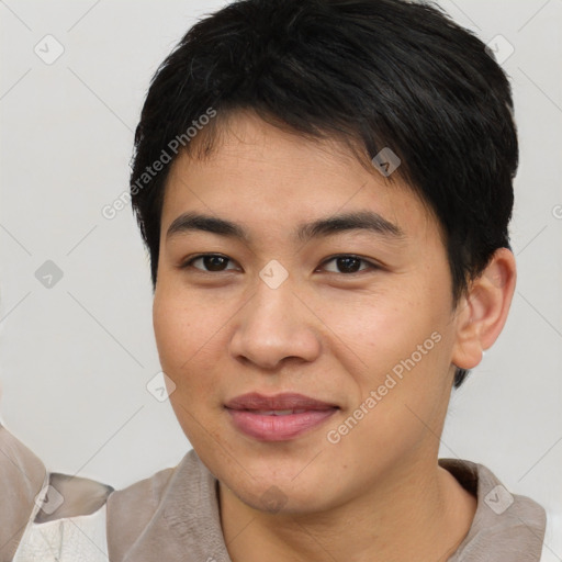 Joyful asian young-adult male with short  brown hair and brown eyes