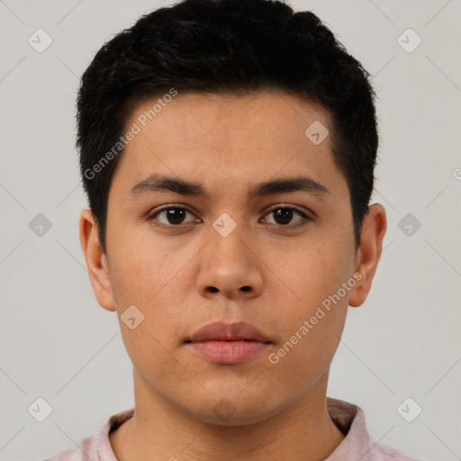 Neutral latino young-adult male with short  black hair and brown eyes