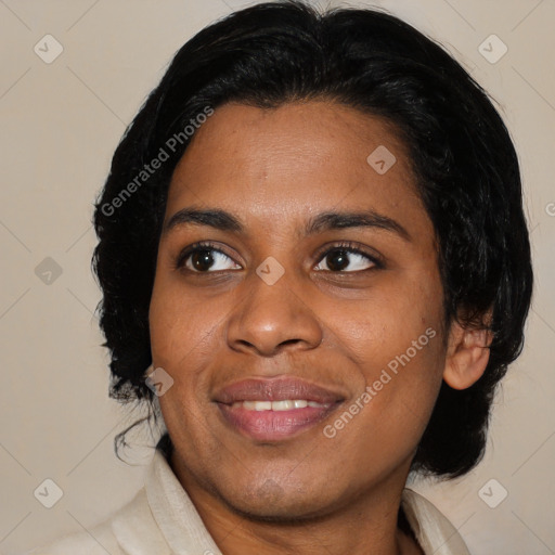 Joyful asian young-adult female with medium  black hair and brown eyes