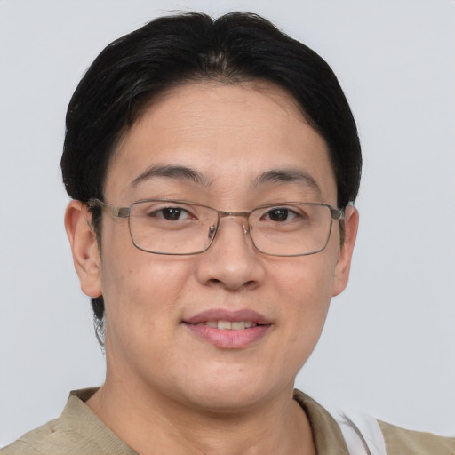 Joyful asian adult female with short  brown hair and brown eyes