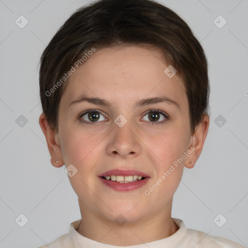 Joyful white young-adult female with short  brown hair and brown eyes