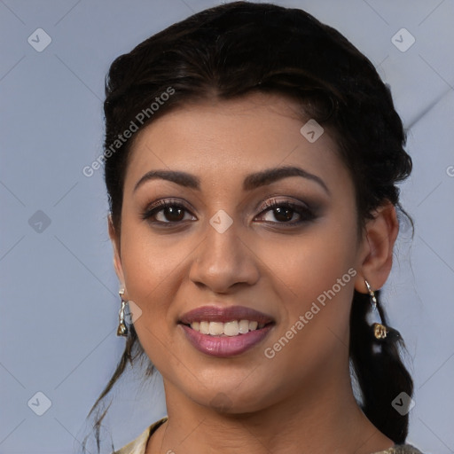 Joyful white young-adult female with medium  black hair and brown eyes
