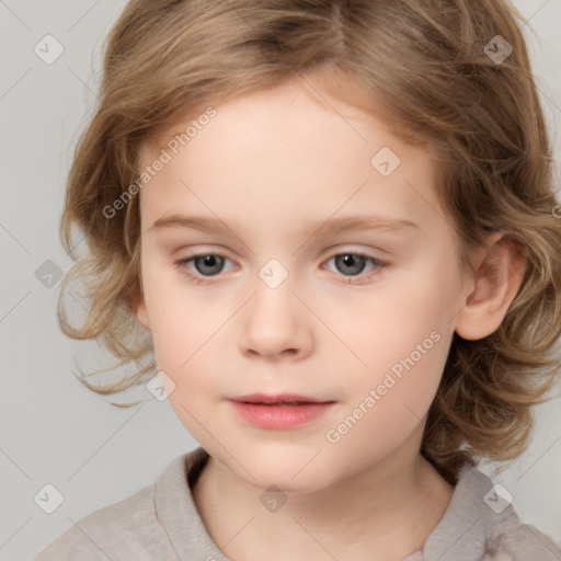 Neutral white child female with medium  brown hair and grey eyes