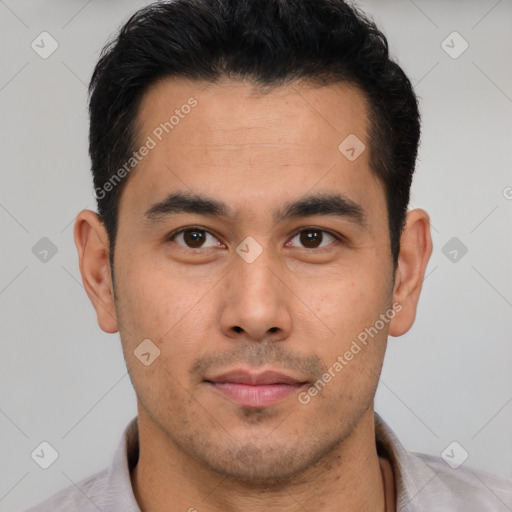 Neutral latino young-adult male with short  brown hair and brown eyes