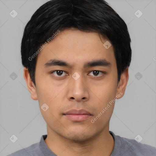 Neutral asian young-adult male with short  black hair and brown eyes