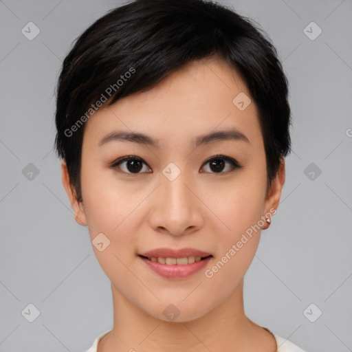 Joyful asian young-adult female with short  black hair and brown eyes