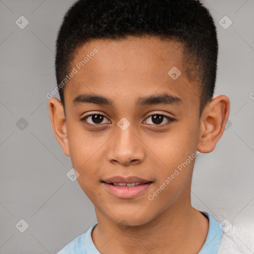 Joyful white child male with short  brown hair and brown eyes