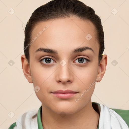 Neutral white young-adult female with short  brown hair and brown eyes