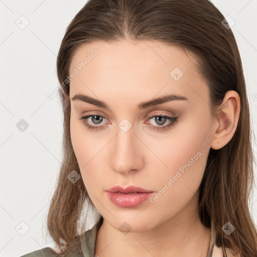 Neutral white young-adult female with medium  brown hair and brown eyes