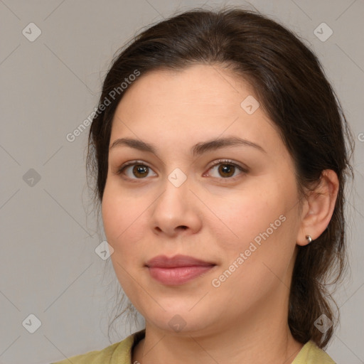 Joyful white young-adult female with medium  brown hair and brown eyes