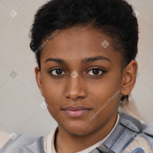 Neutral black young-adult female with short  brown hair and brown eyes