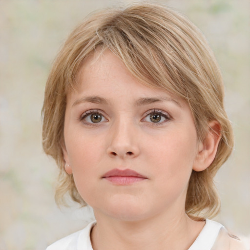 Neutral white child female with medium  brown hair and blue eyes