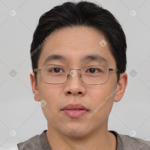 Neutral asian young-adult male with short  brown hair and brown eyes