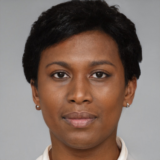 Neutral black young-adult female with short  black hair and brown eyes