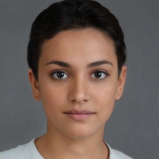 Neutral white young-adult female with short  brown hair and brown eyes