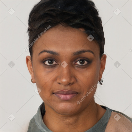 Joyful black young-adult female with short  black hair and brown eyes