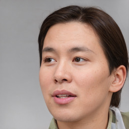 Joyful white young-adult male with medium  brown hair and brown eyes