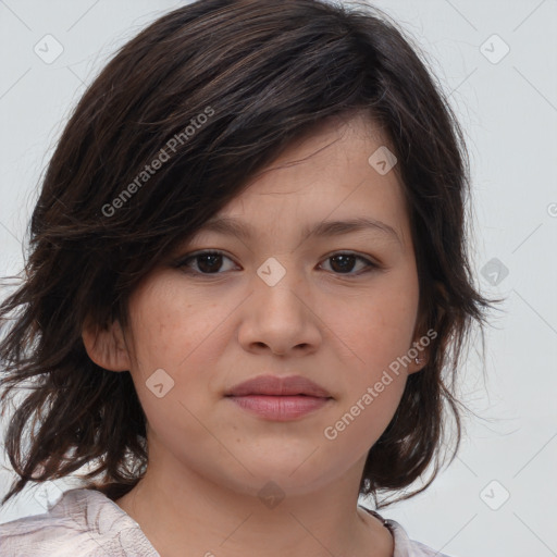 Joyful white child female with medium  brown hair and brown eyes