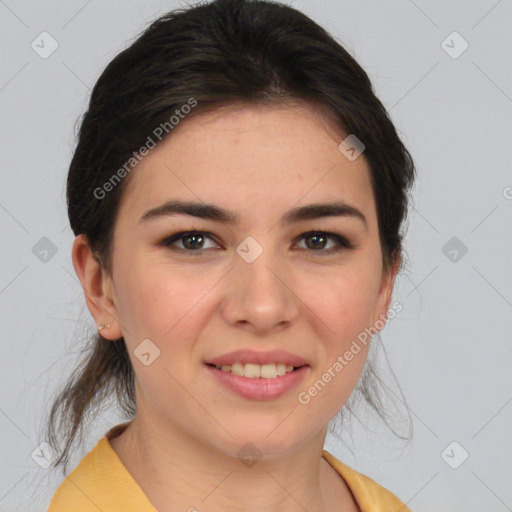 Joyful white young-adult female with medium  brown hair and brown eyes