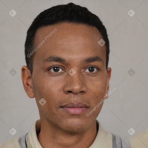 Neutral latino young-adult male with short  black hair and brown eyes